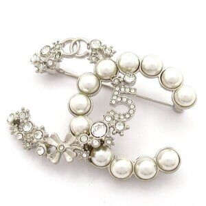 Chanel Coco Brooch Silver Clear Hardware Faux Pearl Rhinestones